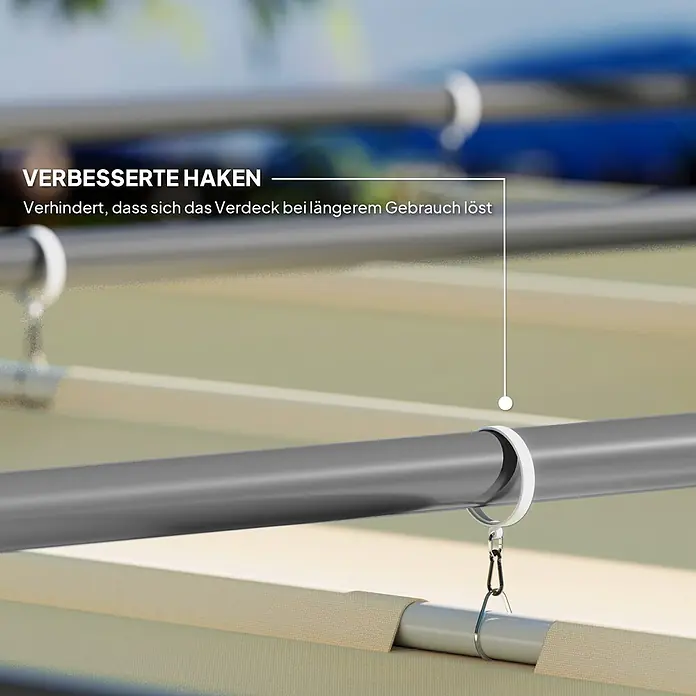 Outsunny Raffpavillon - Farbe Dach: Beige - Weiße Ringe und Karabiner befestigen beiges Verdeck an grauen Stangen, mit Fokus auf verbesserte Haken.