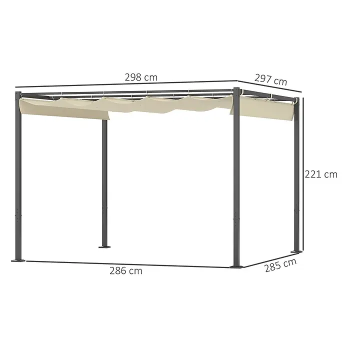 Outsunny Raffpavillon - Farbe Dach: Beige - Dunkelgraue Metallpergola mit beigem ausziehbarem Stoffdach.