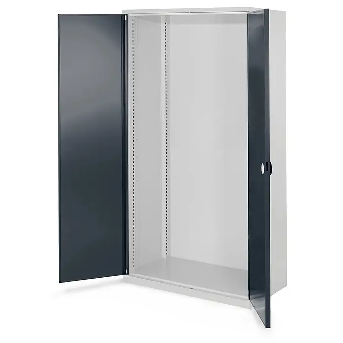 Kappes Metall-Mehrzweckschrank Schwerlastschränke ohne Mitteltrennwand 1950x1000x600mm Modell 40 Doppelwa - Anthrazitgrau - Zweitüriger Metallschrank, geöffnet, mit verstellbaren Regalböden. Außen anthrazit, innen hellgrau.