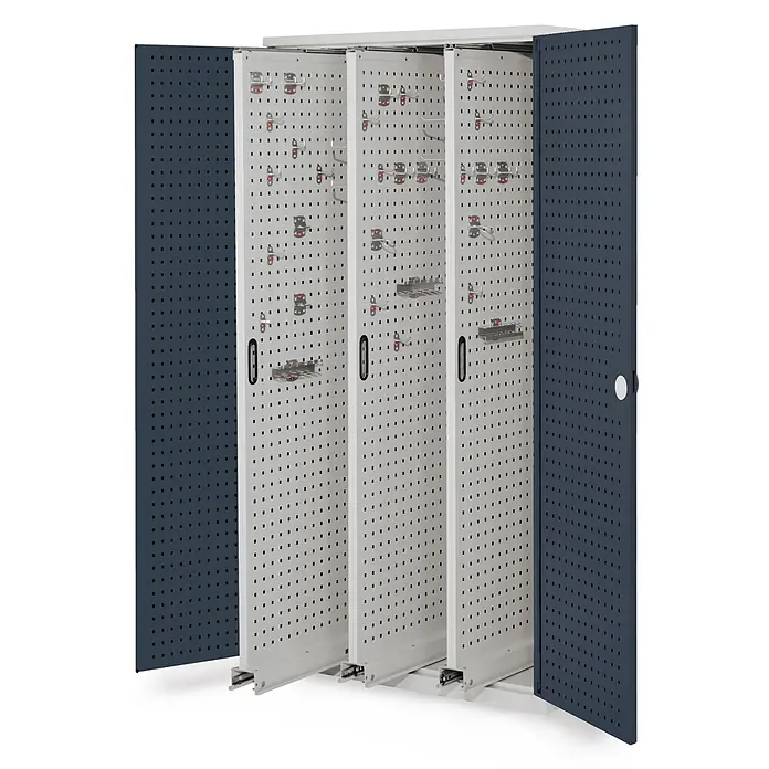 Kappes Metall-Mehrzweckschrank ®RasterPlan Vertikalschränke 1950x1000x600mm Modell 85 Lochplattentüren - 60 cm x 1.000 cm x 1,95 m, Anthrazitgrau - Offener grau-dunkelblauer Metall-Werkstattschrank mit perforierten Türen und verschiebbaren Lochplatten mit Haken für Werkzeugaufbewahrung.