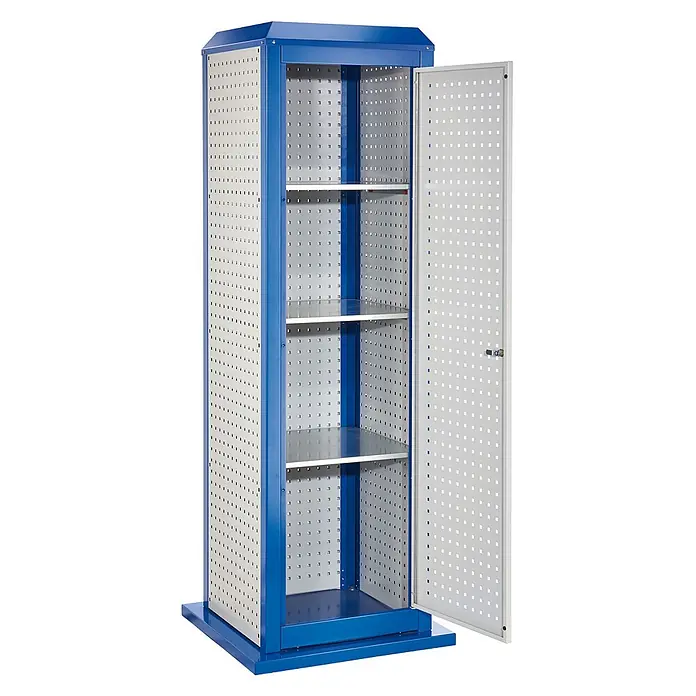 Kappes Metall-Mehrzweckschrank ®RasterPlan ToolTower Stationär Groß Modell 6 -  - Hoher blau-grauer Metallschrank mit Lochblechwänden und verstellbaren Böden, eine Tür offen.
