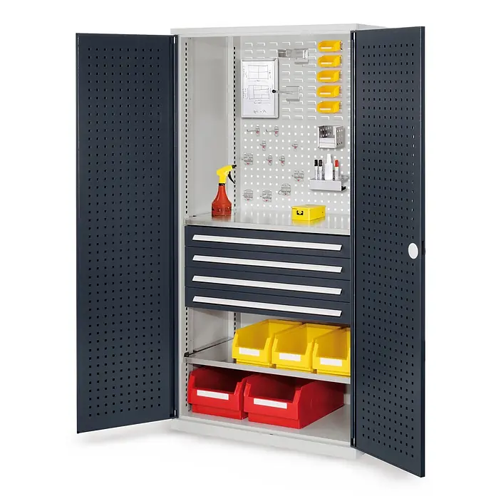 Kappes Metall-Mehrzweckschrank ®RasterPlan Schubladenschränke 1950x1000x600mm Lochplattentüren Modell 1 - 60 cm x 1.000 cm x 1,95 m, Anthrazitgrau - Dunkelgrauer Metall-Werkstattschrank mit perforierten Türen, grauem Innenraum, Schubladen und verschiedenen Aufbewahrungsbehältern.