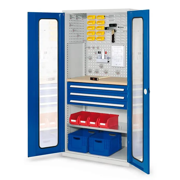 Kappes Metall-Mehrzweckschrank ®RasterPlan Schubladenschränke 1950x1000x600mm Sichtfenstertüren Modell - 60 cm x 1.000 cm x 1,95 m, Enzianblau - Blaugrauer Metall-Werkstattschrank mit offenen Türen, zeigt Lochwände, Schubladen und Ablagen.