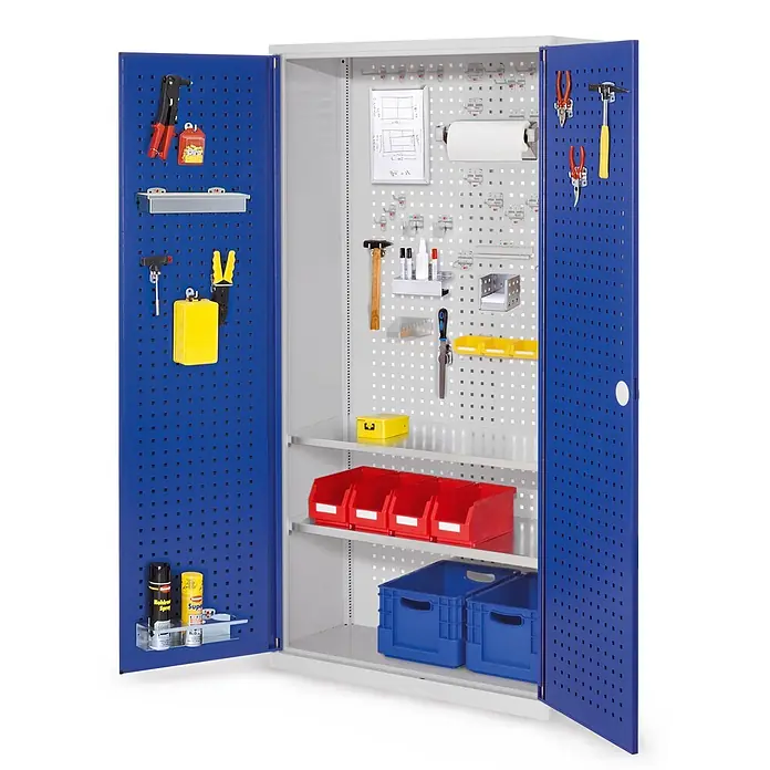 Kappes Metall-Mehrzweckschrank ®RasterPlan Werkzeugschrank 1950x1000m Modell 5 Tiefe 410mm Lochplattentü - 41 cm x 1.000 cm x 1,95 m, Enzianblau - Grauer Werkstattschrank mit blauen Lochtüren, offen, zeigt organisierte Werkzeuge, Ablagen und Aufbewahrungsboxen.