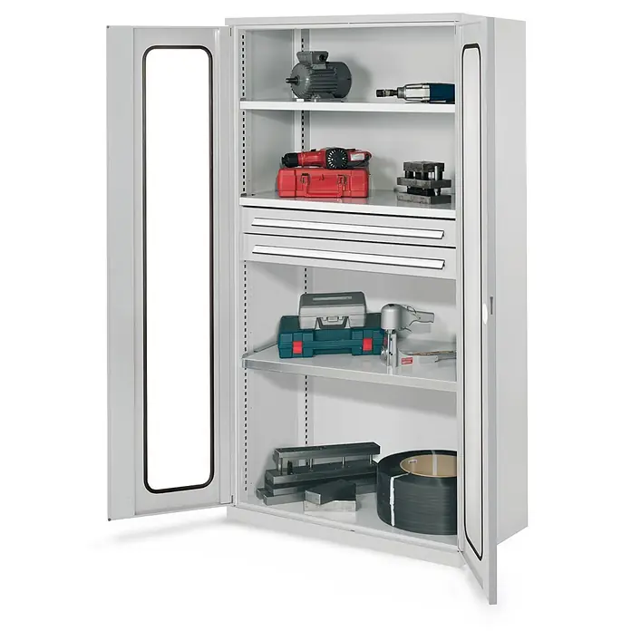 Kappes Metall-Mehrzweckschrank Schwerlastschränke ohne Mitteltrennwand 1950x1000x600mm Modell 45 Sichtfen - 60 cm x 1.000 cm x 1,95 m, Lichtgrau - Hellgrauer Metall-Werkzeugschrank mit mehreren Regalböden und Schubladen, gefüllt mit verschiedenen Werkzeugen.