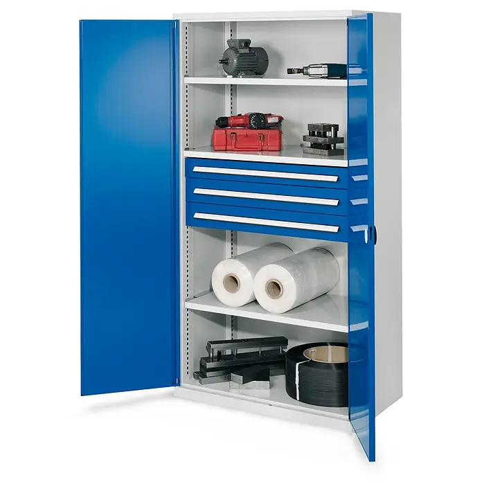 Kappes Metall-Mehrzweckschrank Schwerlastschränke ohne Mitteltrennwand 1950x1000x600mm Modell 43 Doppelwa - 60 cm x 1.000 cm x 1,95 m, Enzianblau - Blau-weißer Metallschrank mit offenen Türen, internen Regalen und drei blauen Schubladen, zur Aufbewahrung von Werkzeugen und Industrieartikeln.