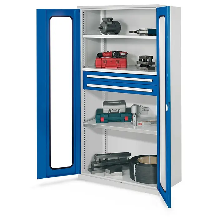 Kappes Metall-Mehrzweckschrank Schwerlastschränke ohne Mitteltrennwand 1950x1000x600mm Modell 45 Sichtfen - 60 cm x 1.000 cm x 1,95 m, Enzianblau - Offener weißer Metall-Werkzeugschrank mit blauen Türen, zwei blauen Schubladen und verstellbaren Regalböden, gefüllt mit Werkzeugen.