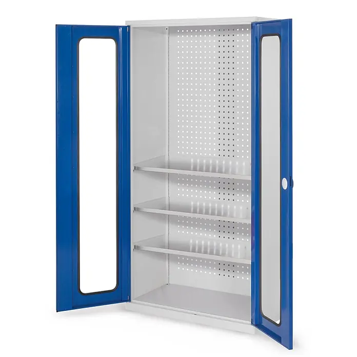 Kappes Metall-Mehrzweckschrank ®RasterPlan Werkzeugschrank 1950x1000m Modell 6 Tiefe 500mm Sichtfenstert� - 50 cm x 1.000 cm x 1,95 m, Enzianblau - Blau-weißer Metallschrank mit transparenten Türeinsätzen, Lochrückwand und verstellbaren Einlegeböden.
