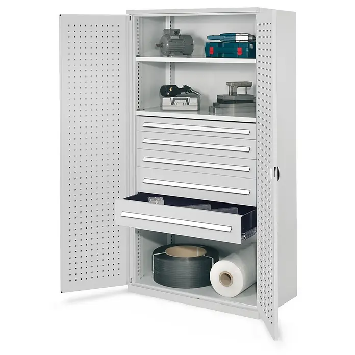 Kappes Metall-Mehrzweckschrank Schwerlastschränke ohne Mitteltrennwand 1950x1000x600mm Modell 44 Lochplat - Lichtgrau - Grauer Metall-Werkstattschrank mit perforierten Türen, mehreren Schubladen und Regalen für Werkzeuge und Industriematerialien.