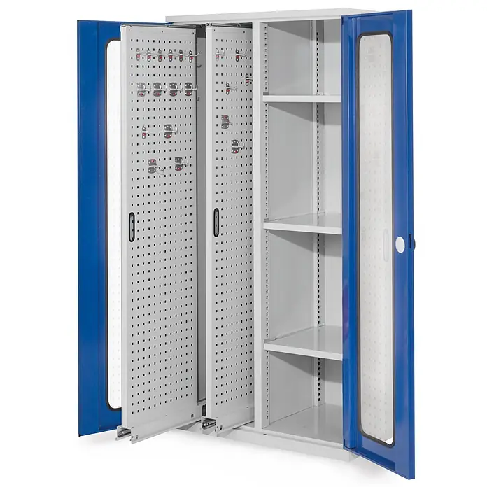Kappes Metall-Mehrzweckschrank ®RasterPlan Vertikalschränke 1950x1000x600mm Modell 80 Sichtfenstertüren - Enzianblau - Blau-weißer Metall-Werkstattschrank mit zwei Außentüren, inneren verschiebbaren Lochplatten für Werkzeuge und mehreren Regalböden.