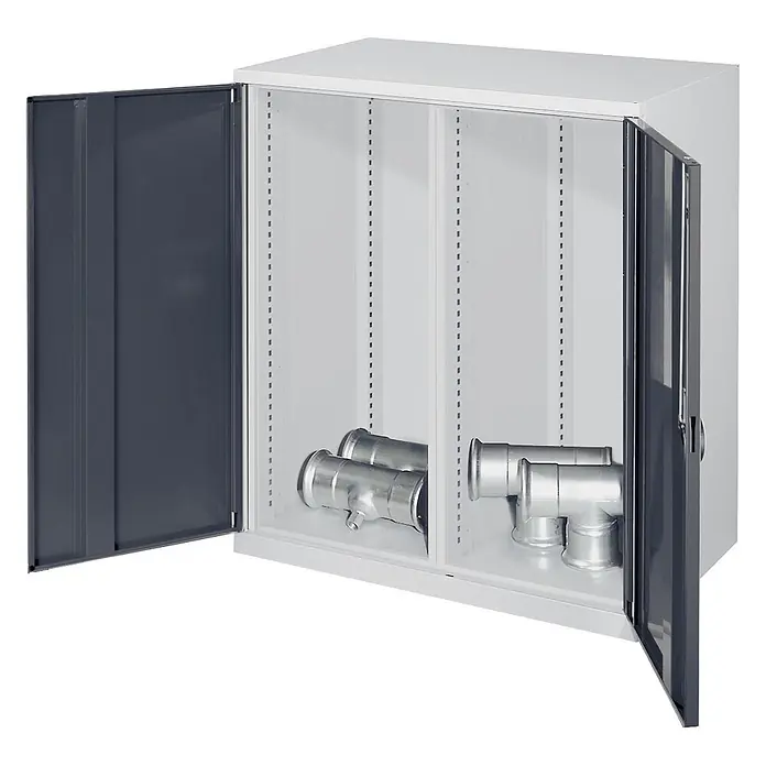 Kappes Metall-Mehrzweckschrank Schwerlast-Beistellschränke mit Mitteltrennwand 1110x1000x600mm Vollblecht - 60 cm x 1.000 cm x 1,11 m, Anthrazitgrau - Grau-weißer Metallschrank mit offenen Türen, verstellbaren Einlegeböden und Metallrohrfittings.