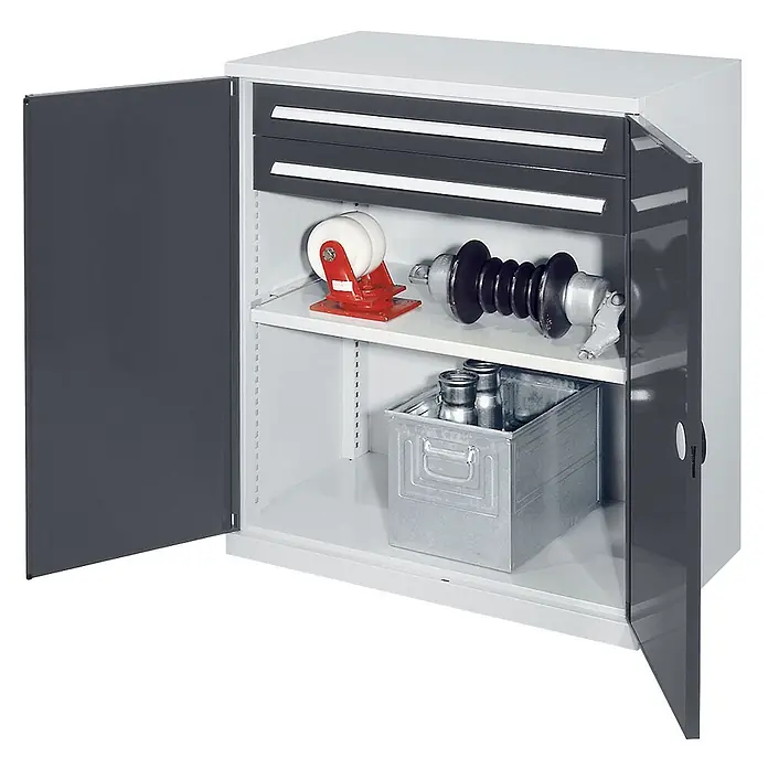 Kappes Metall-Mehrzweckschrank Schwerlast-Beistellschränke ohne Mitteltrennwand 1110x1000x600mm Modell 61 - Anthrazitgrau - Grauer Metallschrank mit zwei offenen Türen, Schubladen und Ablagefächern.