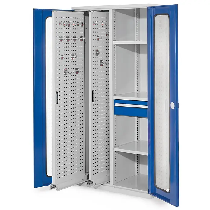 Kappes ®RasterPlan Vertikalschränke 1950x1000x600mm Modell 82 Sichtfenstertüren enzianblau -  - Blauer und grauer Metall-Werkstattschrank mit ausziehbaren Lochplatten, Regalen und einer blauen Schublade für Werkzeugaufbewahrung.