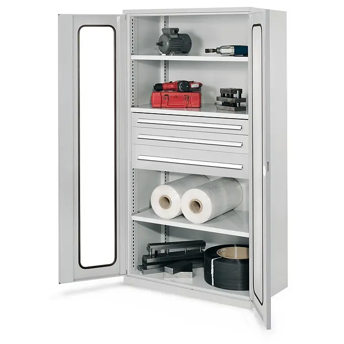 Kappes Metall-Mehrzweckschrank Schwerlastschränke ohne Mitteltrennwand 1950x1000x600mm Modell 46 Sichtfen - 60 cm x 1.000 cm x 1,95 m, Lichtgrau - Offener hellgrauer Metallschrank mit Fachböden und drei Schubladen, gefüllt mit Werkzeugen und Material.