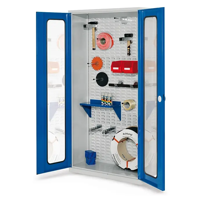 Kappes Metall-Mehrzweckschrank ®RasterPlan Werkstückschränke 1950x1000x410mm mit Sichtfenstertüren enz - Enzianblau - Offener blauer Metallwerkzeugschrank mit weißer Lochplatte, der verschiedene Werkzeuge und Materialien organisiert.