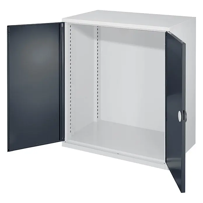 Kappes Metall-Mehrzweckschrank Schwerlast-Beistellschränke ohne Mitteltrennwand 1110x1000x600mm Modell 60 - 60 cm x 1.000 cm x 1,11 m, Anthrazitgrau - Heller Metallschrank mit zwei offenen dunkelgrauen Türen und innenliegenden Fachbodenschienen.