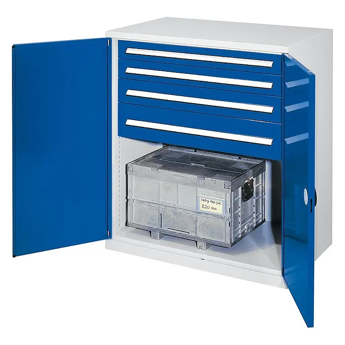 Kappes Metall-Mehrzweckschrank Schwerlast-Beistellschränke ohne Mitteltrennwand 1110x1000x600mm Modell 62 - 60 cm x 1.000 cm x 1,11 m, Enzianblau - Blau-grauer Metallschrank mit geöffneter Tür, mehreren blauen Schubladen und unterem Fach mit grauem Kunststoffbehälter.
