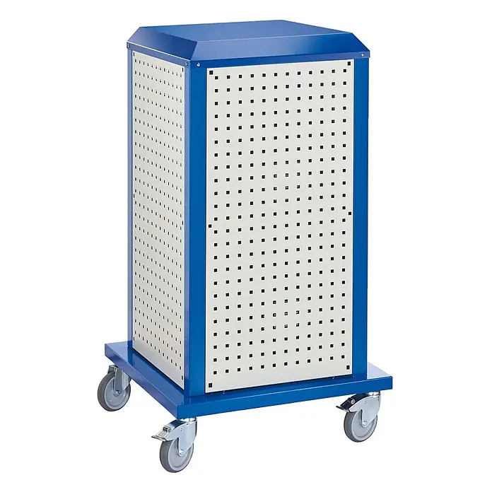Kappes Metall-Mehrzweckschrank ®RasterPlan ToolTower mobil klein Modell 4 - 70 cm x 700 cm x 1,26 m, Enzianblau - Mobiler blauer Metall-Werkzeugschrank mit weißen Lochplatten und Rollen zur geordneten Aufbewahrung.
