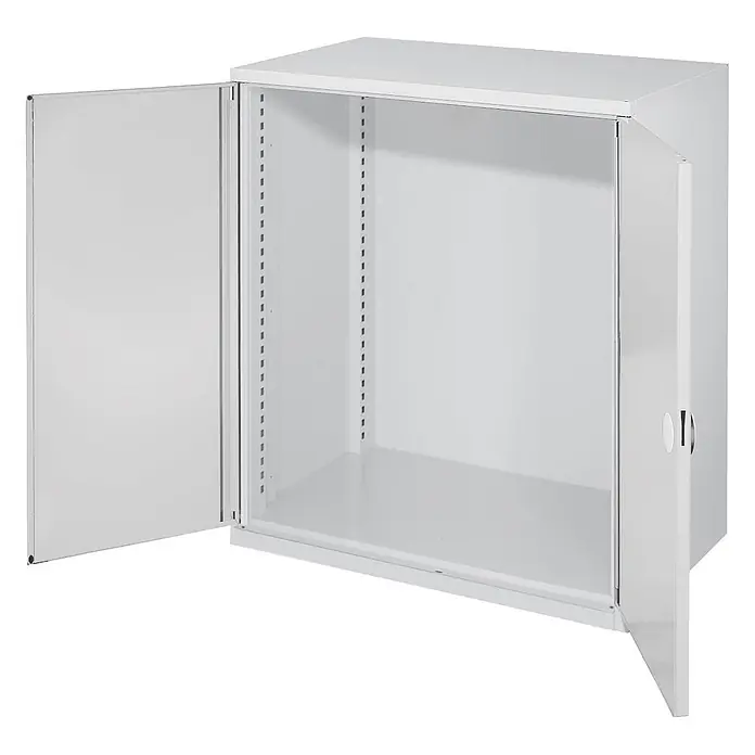 Kappes Metall-Mehrzweckschrank Schwerlast-Beistellschränke ohne Mitteltrennwand 1110x1000x600mm Modell 60 - 60 cm x 1.000 cm x 1,11 m, Lichtgrau - Weißer Metallschrank mit offenen Flügeltüren, zeigt Lochleisten für verstellbare Einlegeböden.