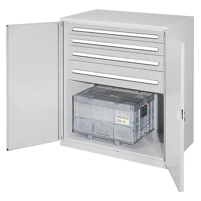 Kappes Metall-Mehrzweckschrank Schwerlast-Beistellschränke ohne Mitteltrennwand 1110x1000x600mm Modell 62 - 60 cm x 1.000 cm x 1,11 m, Lichtgrau - Helles graues Metallschrank mit offenen Türen, vier Schubladen und einer Klappbox innen.