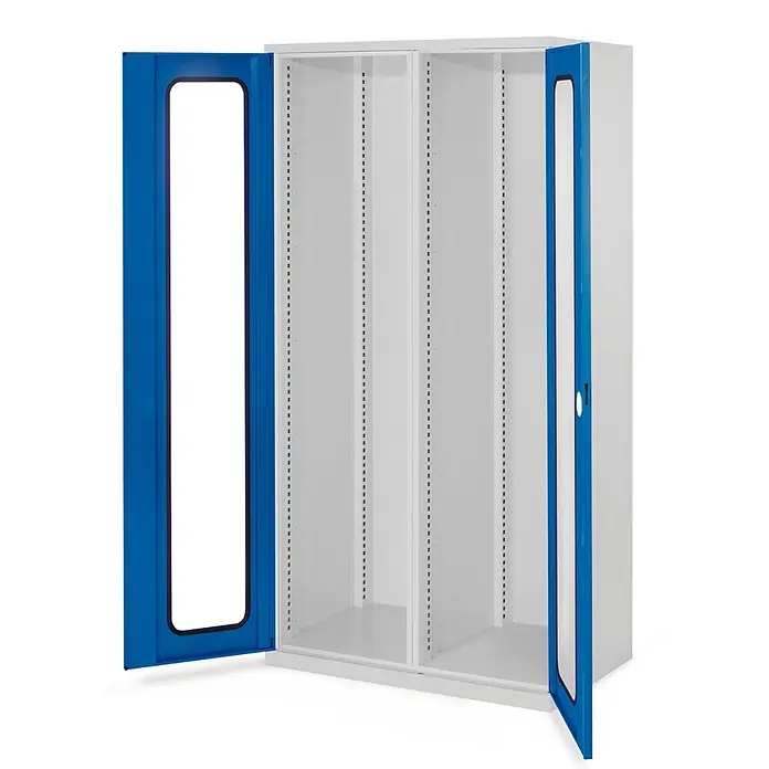 Kappes Metall-Mehrzweckschrank Schwerlastschränke mit Mitteltrennwand 1950x1000x600mm Sichtfenstertüren - Enzianblau - Offener grauer Metallschrank mit zwei blauen Türen und Sichtfenstern. Der Innenraum hat drei Fächer mit Regalschienen.