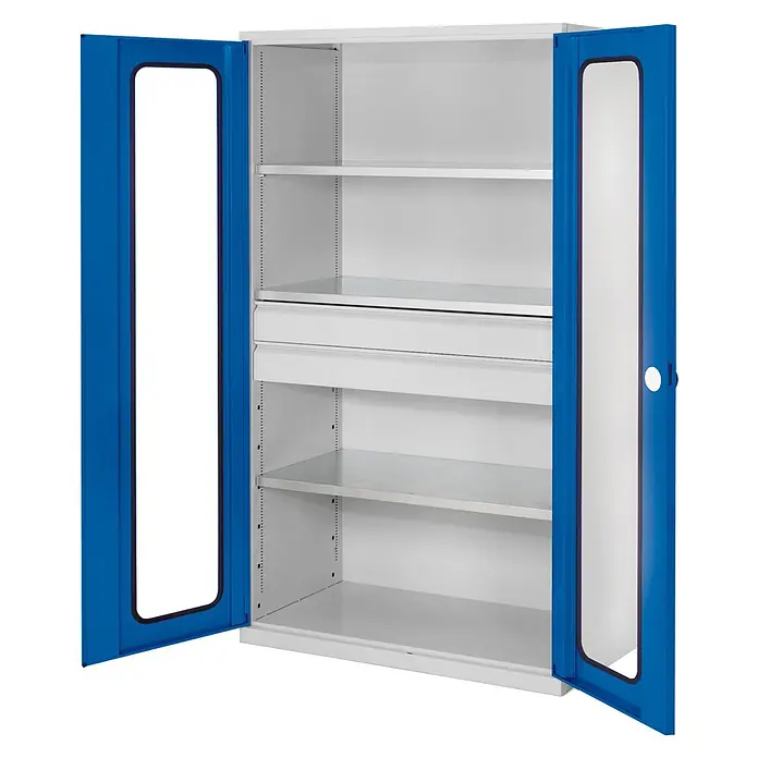 Kappes Metall-Mehrzweckschrank ®RasterPlan Großvolumenschränke 1950x1130x590mm Sichtfenstertüren Model - Enzianblau - Blau-weißes Metallschrank mit offenen Glastüren, verstellbaren Einlegeböden und einer internen Schublade.