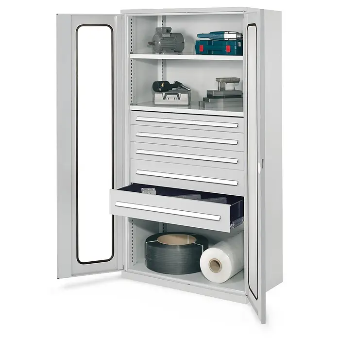 Kappes Metall-Mehrzweckschrank Schwerlastschränke ohne Mitteltrennwand 1950x1000x600mm Modell 44 Sichtfen - 60 cm x 1.000 cm x 1,95 m, Lichtgrau - Hellgrauer Metallschrank mit zwei offenen Türen, Fächern und mehreren Schubladen zur organisierten Aufbewahrung von Werkzeugen und Geräten.
