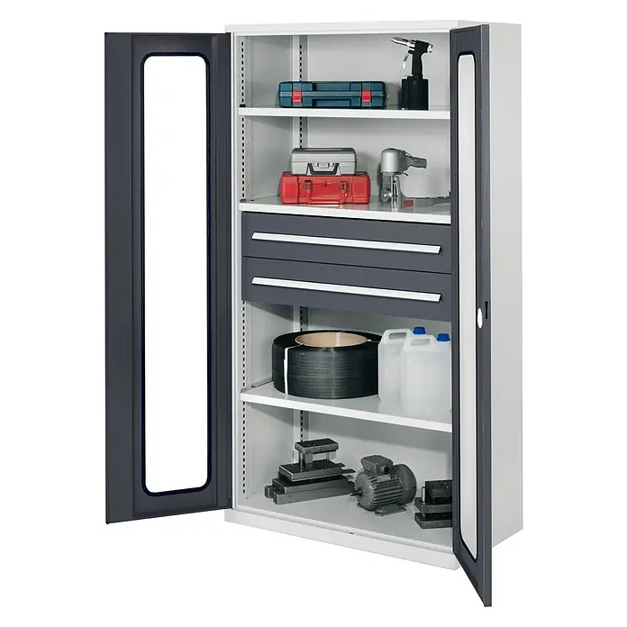 Kappes Metall-Mehrzweckschrank Schwerlastschränke ohne Mitteltrennwand 1950x1000x600mm Modell 42 Sichtfen - Anthrazitgrau - Offener hellgrauer Metall-Werkstattschrank mit dunkelgrauen Türen und Schubladen, zur Aufbewahrung von Werkzeugen und Industrieartikeln auf Regalen.