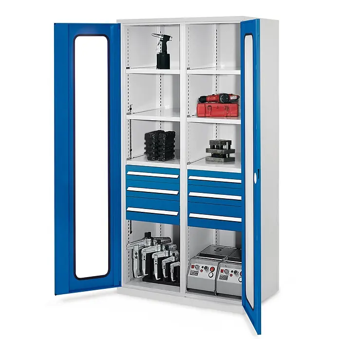Kappes Metall-Mehrzweckschrank Schwerlastschränke mit Mitteltrennwand 1950x1000x600mm Sichtfenstertüren - 60 cm x 1.000 cm x 1,95 m, Enzianblau - Blau-weißer Metallschrank mit geöffneten Türen, der Regale, Schubladen und Werkzeuge zeigt.