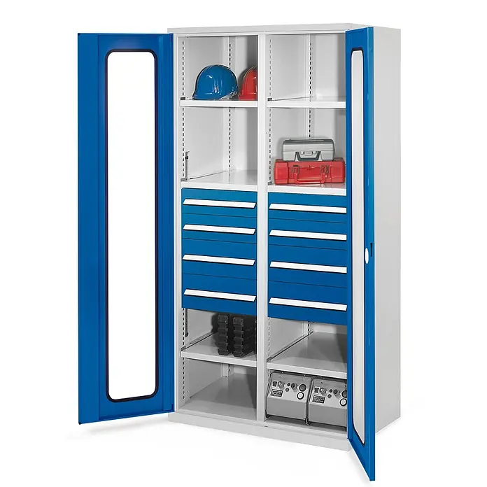 Kappes Metall-Mehrzweckschrank Schwerlastschränke mit Mitteltrennwand 1950x1000x600mm Sichtfenstertüren - Enzianblau - Weiß-blauer Werkstattschrank mit offenen Türen, Regalböden und blauen Schubladen zur organisierten Aufbewahrung.