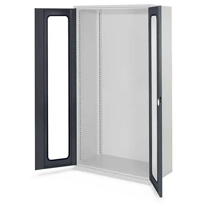 Kappes Metall-Mehrzweckschrank Schwerlastschränke ohne Mitteltrennwand 1950x1000x600mm Modell 40 Sichtfen - Anthrazitgrau - Zweitüriger Metallschrank in Grau und Weiß mit Sichtfenstern, offen, um verstellbare Regalschienen zu zeigen.