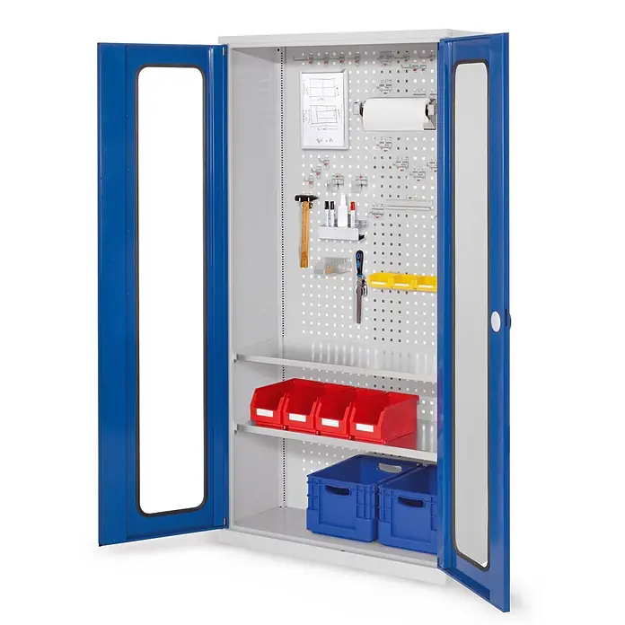 Kappes Metall-Mehrzweckschrank ®RasterPlan Werkzeugschrank 1950x1000m Modell 5 Tiefe 410mm Sichtfenstert� - 41 cm x 1.000 cm x 1,95 m, Enzianblau - Grauer Metall-Industrieschrank mit geöffneten blauen Türen, der eine Werkzeuglochwand, Regalböden und rote/blaue Lagerbehälter zeigt.