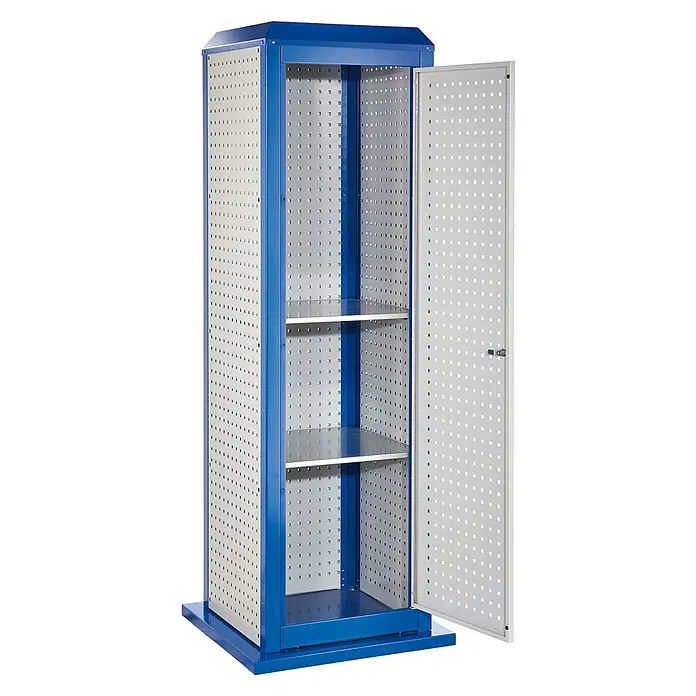 Kappes Metall-Mehrzweckschrank ®RasterPlan ToolTower Stationär Groß Modell 5 -  - Blauer und grauer perforierter Metallschrank mit offener Tür und Einlegeböden, vielseitig einsetzbar.