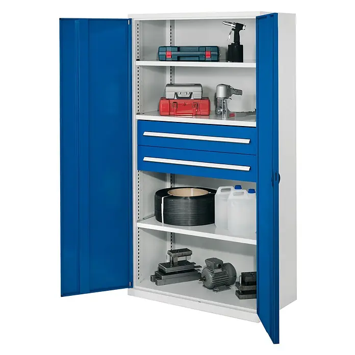 Kappes Metall-Mehrzweckschrank Schwerlastschränke ohne Mitteltrennwand 1950x1000x600mm Modell 42 Vollblec - 60 cm x 1.000 cm x 1,95 m, Enzianblau - Blau-weißer Metall-Werkstattschrank mit Regalen, Schubladen und diversen Werkzeugen und Industriebedarf.