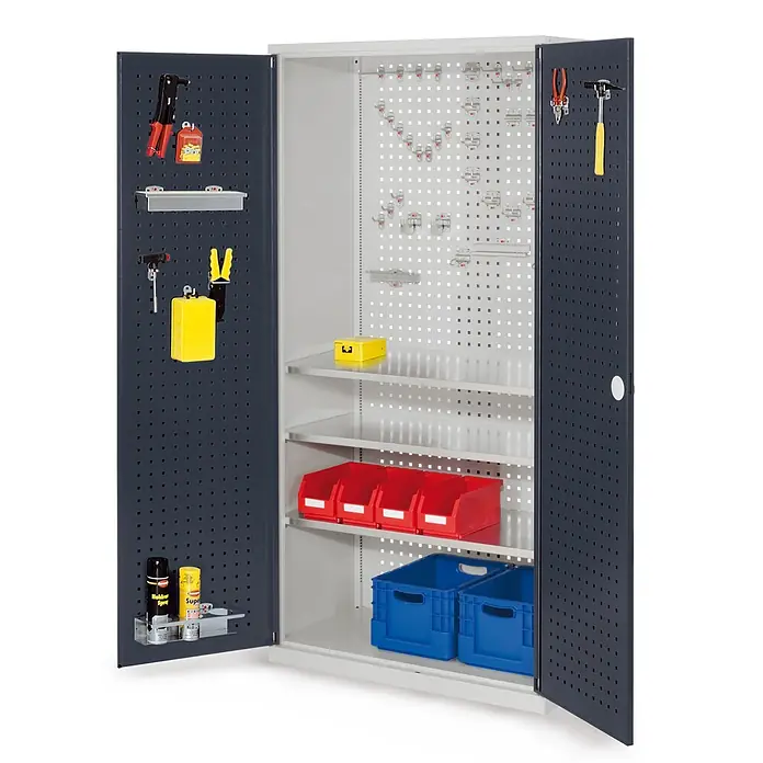 Kappes Metall-Mehrzweckschrank ®RasterPlan Werkzeugschrank 1950x1000m Modell 6 Tiefe 500mm Lochplattentü - 50 cm x 1.000 cm x 1,95 m, Anthrazitgrau - Metall-Werkzeugschrank mit grauen Ablagen und anthrazitfarbenen Lochblech-Türen zur geordneten Aufbewahrung von Werkzeugen und Kleinteilen.