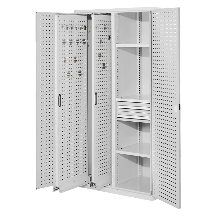 Kappes Metall-Mehrzweckschrank ®RasterPlan Vertikalschränke 1950x1000x600mm Modell 81 Lochplattentüren - 60 cm x 1.000 cm x 1,95 m, Lichtgrau - Grauer Metallschrank mit offenen Türen, Lochwänden für Haken und Innenregalen mit Schubladen zur Aufbewahrung.
