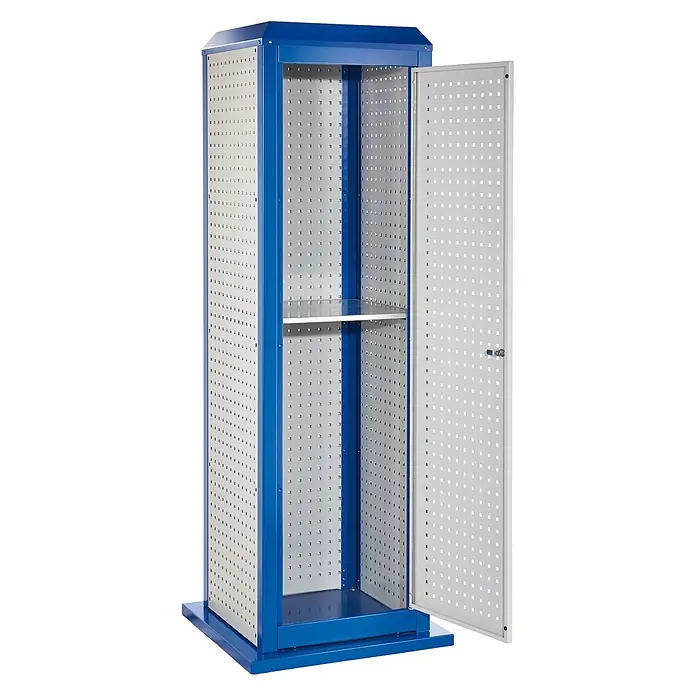 Kappes Metall-Mehrzweckschrank ®RasterPlan ToolTower Stationär Groß Modell 4 -  - Blau-weißer Lochblech-Lagerschrank, Tür offen, ein Einlegeboden innen.