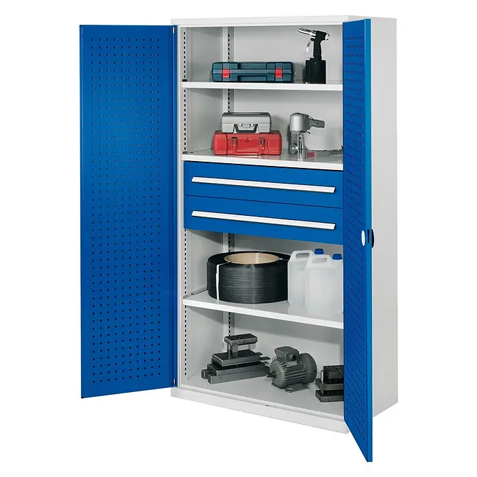 Kappes Metall-Mehrzweckschrank Schwerlastschränke ohne Mitteltrennwand 1950x1000x600mm Modell 42 Lochplat - 60 cm x 1.000 cm x 1,95 m, Enzianblau - Blauer und weißer Metall-Werkstattschrank mit Lochblechtüren, Einlegeböden und drei blauen Schubladen, zur Aufbewahrung von Werkzeugen und Zubehör.
