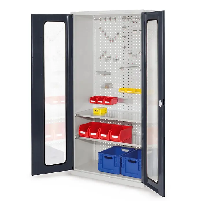 Kappes Metall-Mehrzweckschrank ®RasterPlan Werkzeugschrank 1950x1000m Modell 5 Tiefe 500mm Sichtfenstert� - 50 cm x 1.000 cm x 1,95 m, Anthrazitgrau - Metall-Lagerschrank mit dunkelblauen gerahmten Glastüren, Lochwand mit Haken, Regalen und roten/gelben/blauen Behältern für Kleinteile.