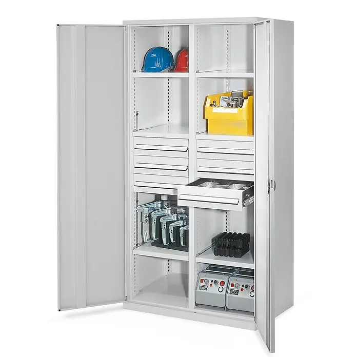 Kappes Metall-Mehrzweckschrank Schwerlastschränke mit Mitteltrennwand 1950x1000x600mm Vollblechtüren Mod - Lichtgrau - Grauer Metall-Werkzeugschrank mit offenen Türen, Regalen, Schubladen und Fächern für Helme, Werkzeuge und Ausrüstung.