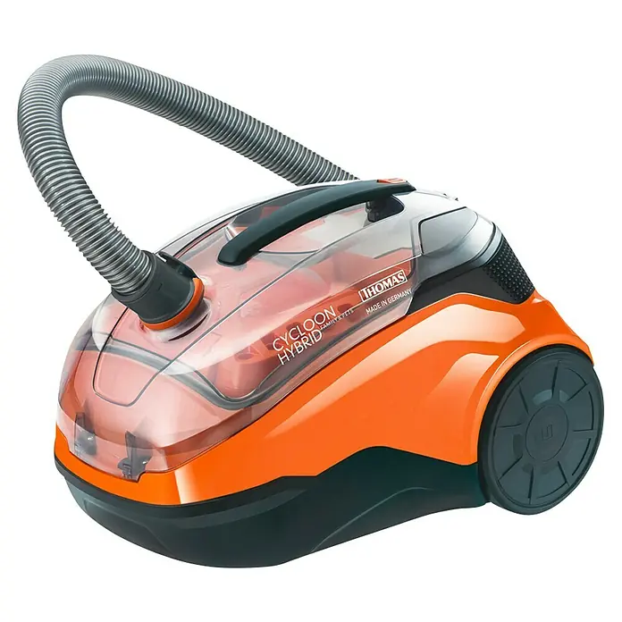 Thomas Staubsauger Cycloon Hybrid Family & Pets - 1.400 W, Behältervolumen: 2,1 l, Beutellos - Der orangefarbene THOMAS Cycloon Hybrid Staubsauger mit durchsichtigem Behälter und grauem Schlauch.