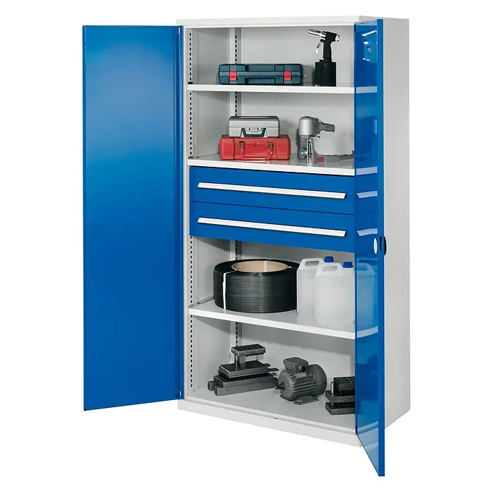 Kappes Metall-Mehrzweckschrank Schwerlastschränke ohne Mitteltrennwand 1950x1000x600mm Modell 42 Doppelwa - 60 cm x 1.000 cm x 1,95 m, Enzianblau - Blauer und grauer Metallschrank mit Einlegeböden und Schubladen, gefüllt mit Werkzeugen und Zubehör.
