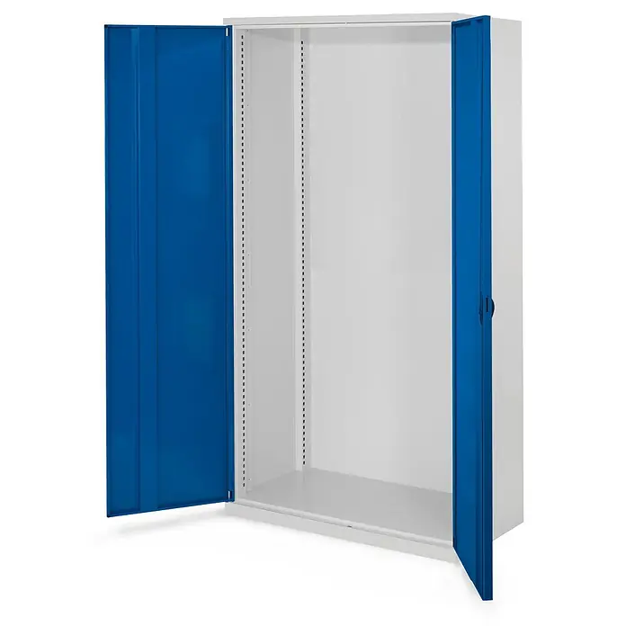 Kappes Metall-Mehrzweckschrank Schwerlastschränke ohne Mitteltrennwand 1950x1000x600mm Modell 40 Vollblec - Enzianblau - Offener Metallschrank mit blauen Türen und weißem Innenraum, mit Regalverstellschienen.
