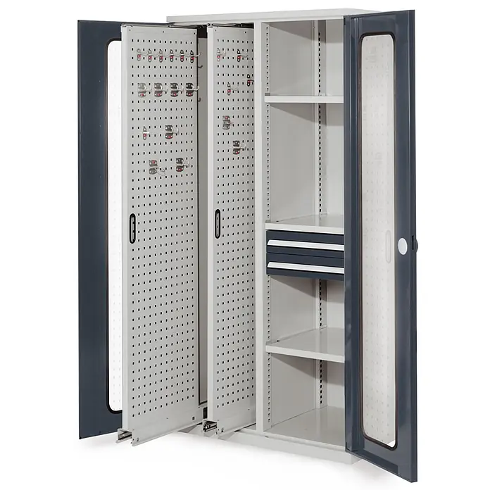 Kappes Metall-Mehrzweckschrank ®RasterPlan Vertikalschränke 1950x1000x600mm Modell 81 Sichtfenstertüren - 60 cm x 1.000 cm x 1,95 m, Anthrazitgrau - Grauer Metall-Werkzeugschrank mit verschiebbaren Lochplatten, Haken, Einlegeböden und Schubladen.