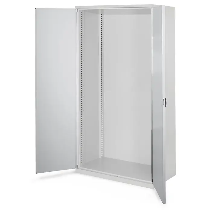 Kappes Metall-Mehrzweckschrank Schwerlastschränke ohne Mitteltrennwand 1950x1000x600mm Modell 40 Doppelwa - 60 cm x 1.000 cm x 1,95 m, Lichtgrau - Offener weißer Metallschrank mit verstellbaren Regalhalterungen.