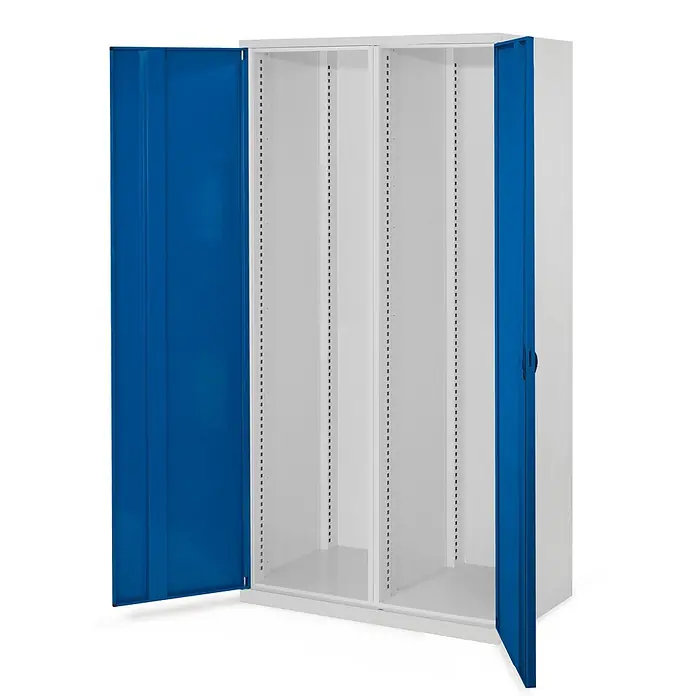 Kappes Metall-Mehrzweckschrank Schwerlastschränke mit Mitteltrennwand 1950x1000x600mm Vollblechtüren Mod - 60 cm x 1.000 cm x 1,95 m, Enzianblau - Weißer Metallschrank mit zwei blauen, geöffneten Türen und verstellbaren Fachböden.