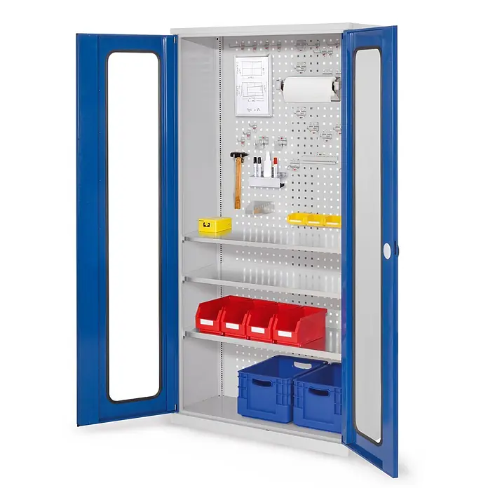 Kappes Metall-Mehrzweckschrank ®RasterPlan Werkzeugschrank 1950x1000m Modell 6 Tiefe 410mm Sichtfenstert� - 41 cm x 1.000 cm x 1,95 m, Enzianblau - Offener blau-grauer Metall-Industrieschrank mit Lochwand, Regalböden, Werkzeugen und Aufbewahrungsbehältern.