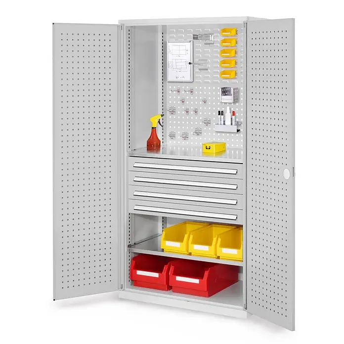 Kappes Metall-Mehrzweckschrank ®RasterPlan Schubladenschränke 1950x1000x600mm Lochplattentüren Modell 1 - 60 cm x 1.000 cm x 1,95 m, Lichtgrau - Grauer Metall-Werkstattschrank mit offenen Lochblechtüren, Schubladen, Regalböden und Sortierkästen zur Werkzeugorganisation.