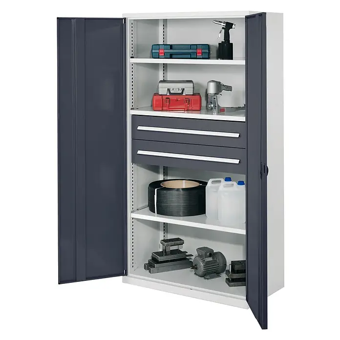 Kappes Metall-Mehrzweckschrank Schwerlastschränke ohne Mitteltrennwand 1950x1000x600mm Modell 42 Vollblec - 60 cm x 1.000 cm x 1,95 m, Anthrazitgrau - Metall-Werkstattschrank mit dunkelgrauen Türen und Schubladen, hellgrauen Regalböden, zur Aufbewahrung von Werkzeugen.