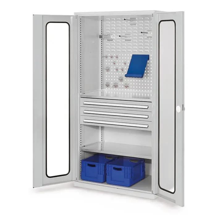 Kappes ®RasterPlan Schubladenschränke 1950x1000x600mm Sichtfenstertüren Modell 33 lichtgrau -  - Grauer Metallschrank mit offenen Türen, zeigt Lochwand, Schubladen und blaue Lagerbehälter im Inneren.